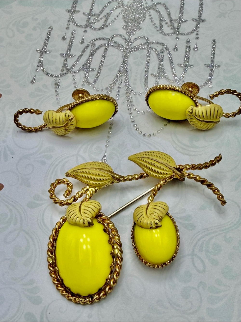 Vintage Continental Yellow Brooch and Earring Set